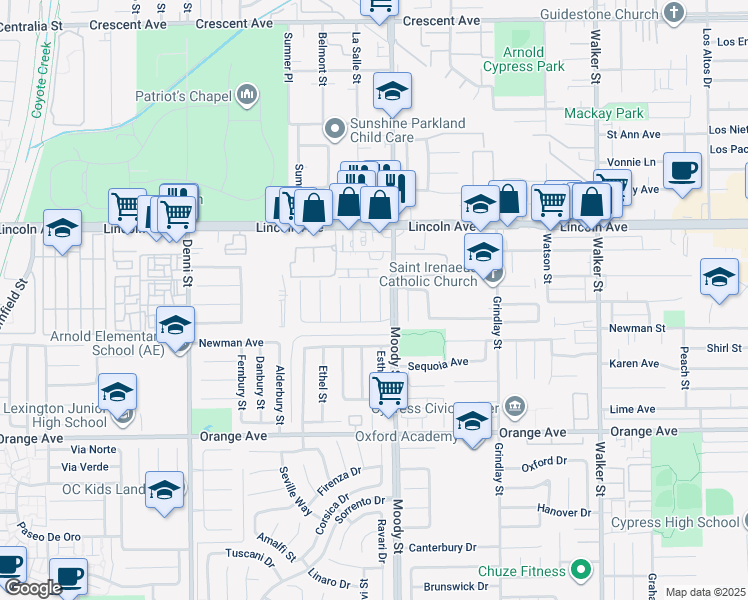 map of restaurants, bars, coffee shops, grocery stores, and more near 9148 Christopher Street in Cypress