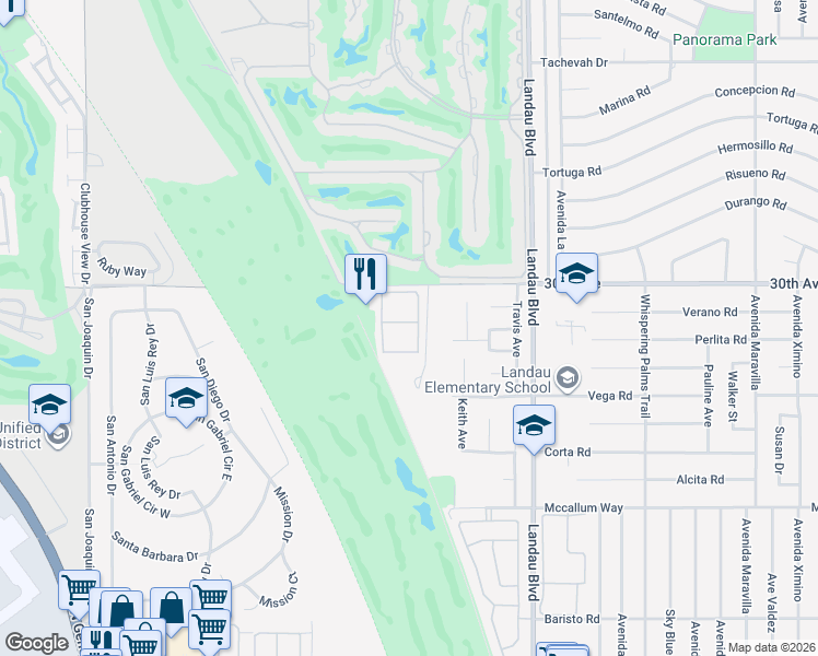map of restaurants, bars, coffee shops, grocery stores, and more near 67707 30th Avenue in Cathedral City