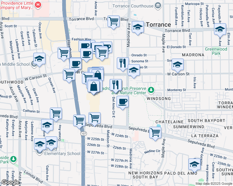 map of restaurants, bars, coffee shops, grocery stores, and more near 2571 Plaza del Amo in Torrance