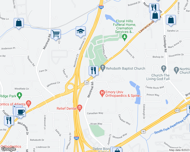 map of restaurants, bars, coffee shops, grocery stores, and more near 2997 Lawrenceville Highway in Tucker