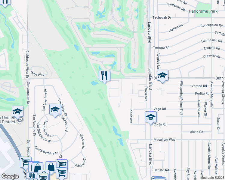map of restaurants, bars, coffee shops, grocery stores, and more near 67707 30th Avenue in Cathedral City