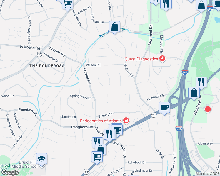 map of restaurants, bars, coffee shops, grocery stores, and more near 1627 Moncrief Circle in Decatur