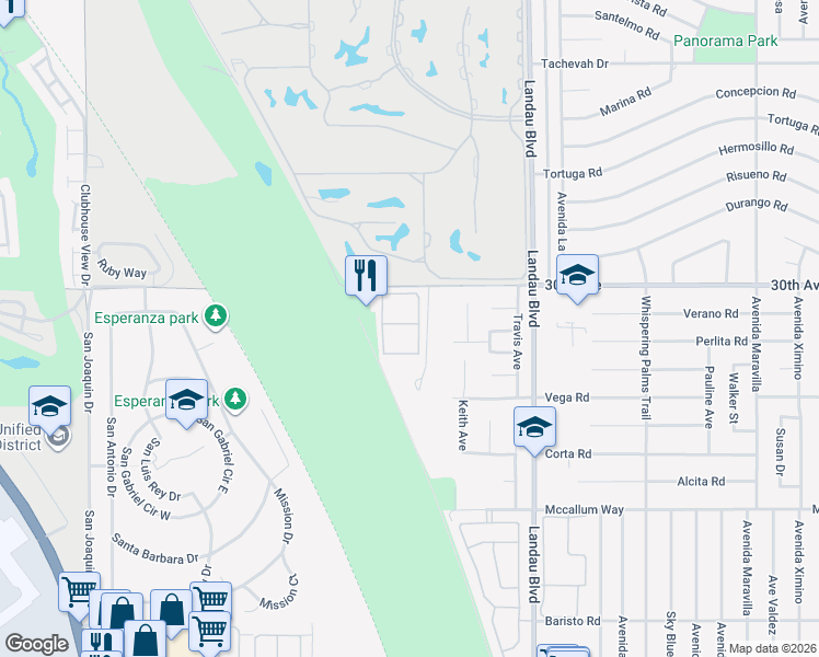 map of restaurants, bars, coffee shops, grocery stores, and more near 67687 Duchess Way in Cathedral City