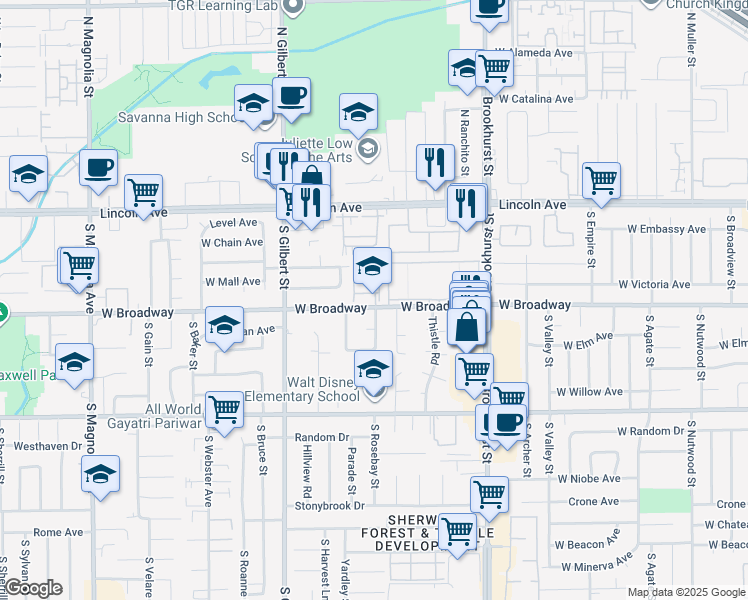 map of restaurants, bars, coffee shops, grocery stores, and more near 2217 West Orange Avenue in Anaheim