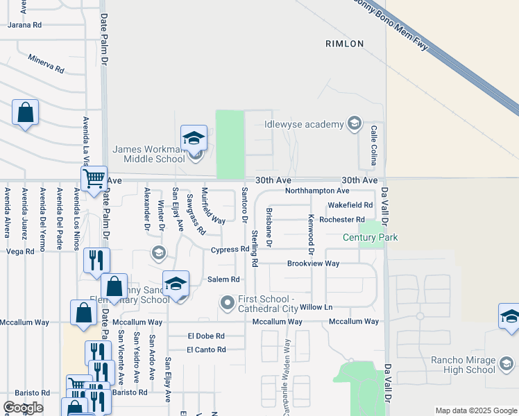 map of restaurants, bars, coffee shops, grocery stores, and more near 30176 Sterling Road in Cathedral City