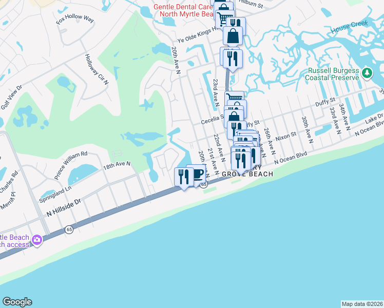 map of restaurants, bars, coffee shops, grocery stores, and more near 1900 Duffy Street in North Myrtle Beach
