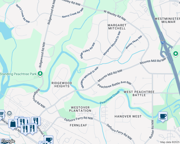 map of restaurants, bars, coffee shops, grocery stores, and more near 2700 Margaret Mitchell Drive Northwest in Atlanta
