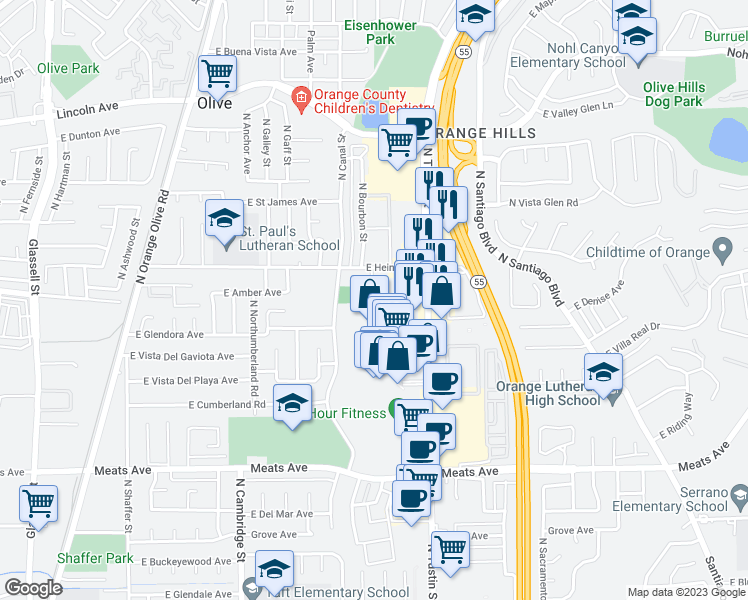 map of restaurants, bars, coffee shops, grocery stores, and more near 2405 North Cameo Court in Orange