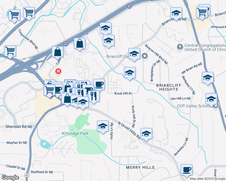 map of restaurants, bars, coffee shops, grocery stores, and more near 2629 Portbury Place Northeast in Atlanta
