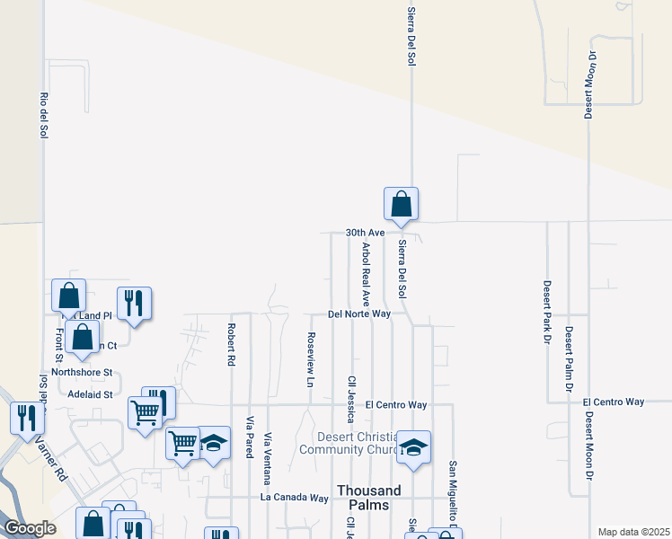 map of restaurants, bars, coffee shops, grocery stores, and more near 30270 Monte Vista Way in Thousand Palms