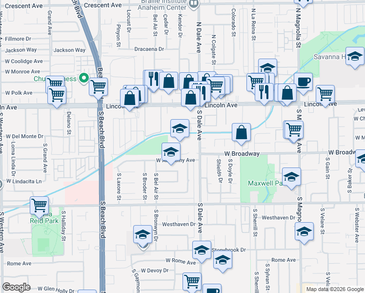 map of restaurants, bars, coffee shops, grocery stores, and more near 287 South Dale Avenue in Anaheim