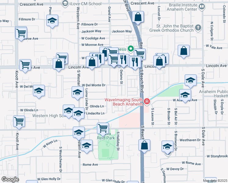 map of restaurants, bars, coffee shops, grocery stores, and more near 3070 West Del Monte Drive in Anaheim