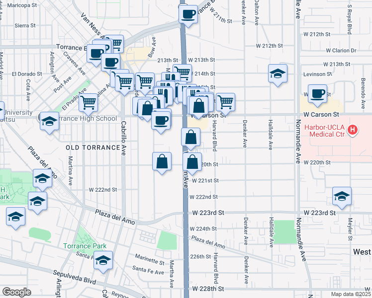 map of restaurants, bars, coffee shops, grocery stores, and more near South Western Avenue & 219th Street in Torrance