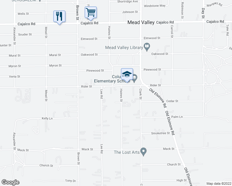 map of restaurants, bars, coffee shops, grocery stores, and more near 21331 Rider Street in Perris