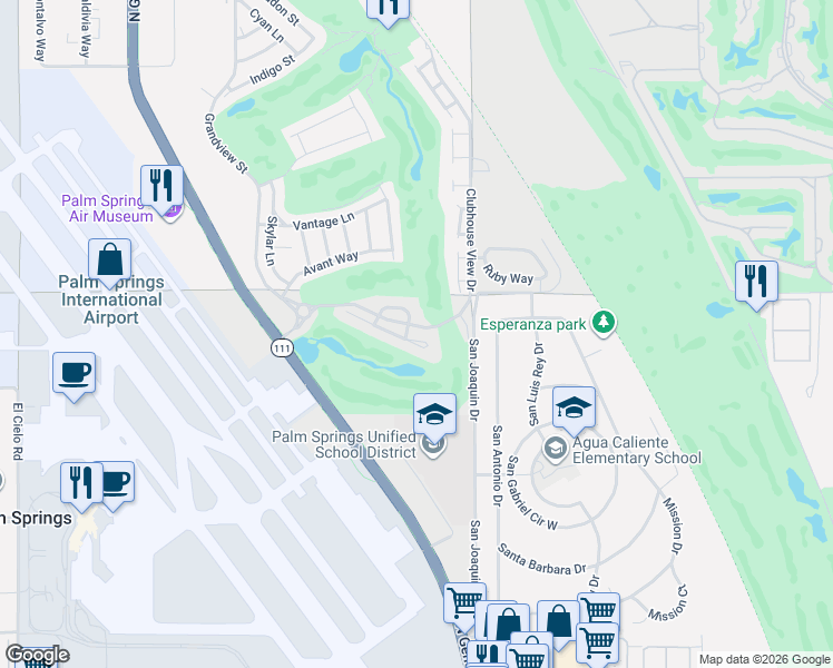 map of restaurants, bars, coffee shops, grocery stores, and more near Clubhouse View Drive in Palm Springs