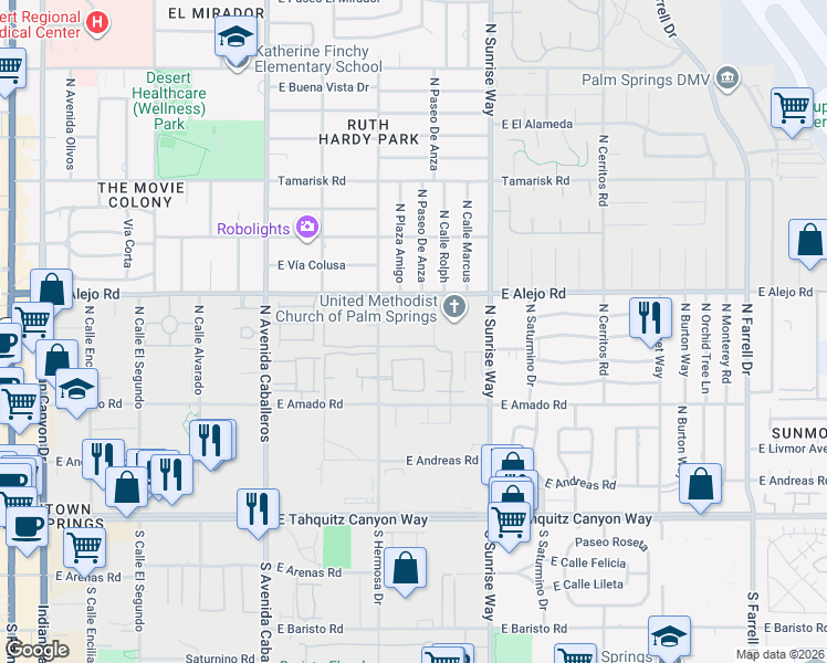 map of restaurants, bars, coffee shops, grocery stores, and more near 451 North Calle Rolph in Palm Springs