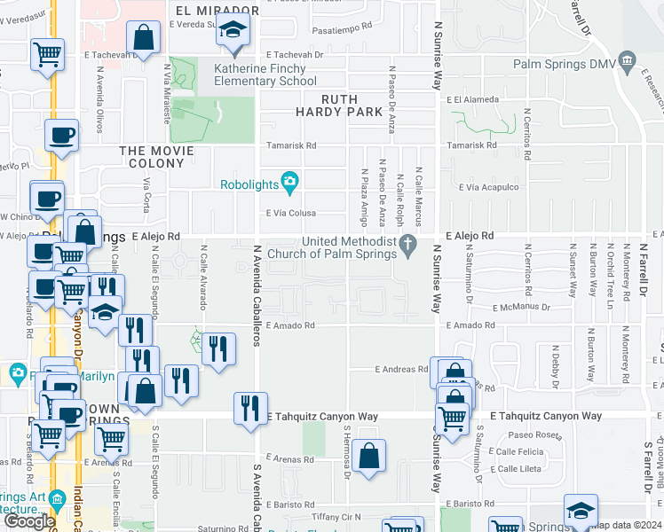 map of restaurants, bars, coffee shops, grocery stores, and more near 459 North Hermosa Drive in Palm Springs