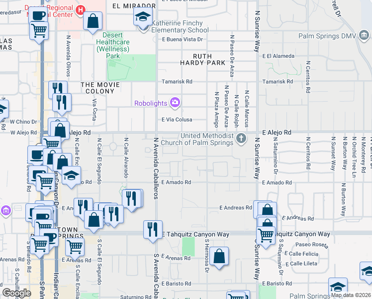 map of restaurants, bars, coffee shops, grocery stores, and more near 460 Chelsea Drive in Palm Springs