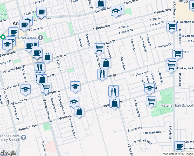 map of restaurants, bars, coffee shops, grocery stores, and more near 919 East South Street in Anaheim