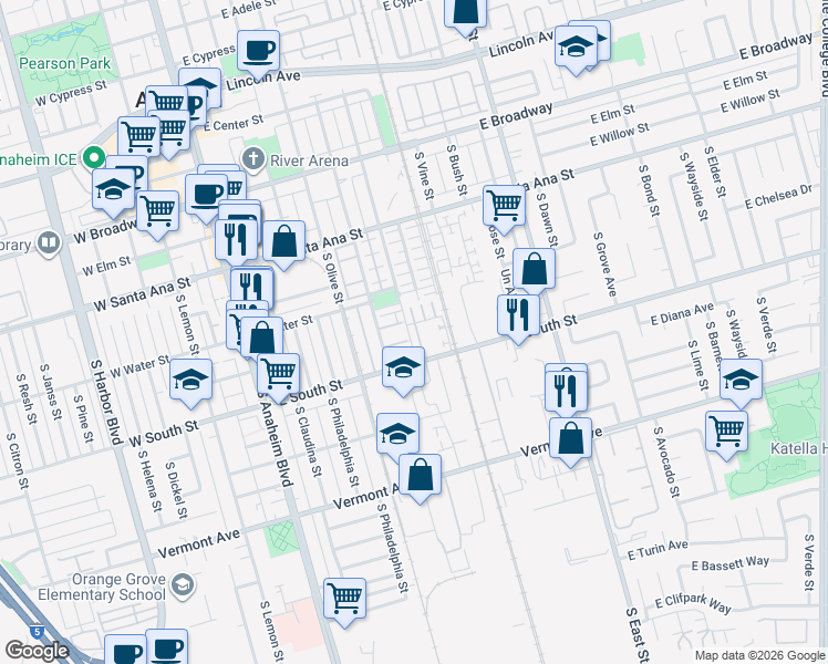 map of restaurants, bars, coffee shops, grocery stores, and more near 762 East Valencia Street in Anaheim