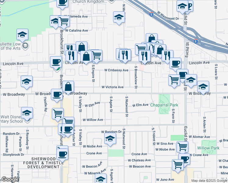 map of restaurants, bars, coffee shops, grocery stores, and more near 1930 West Victoria Avenue in Anaheim