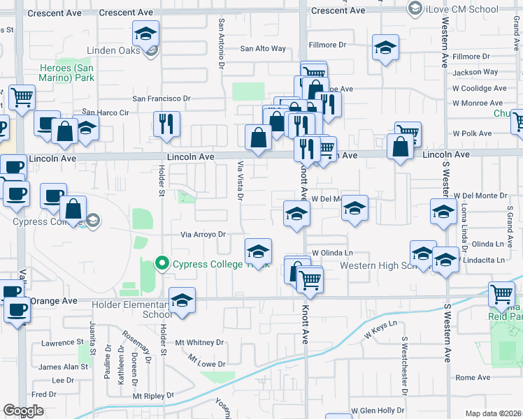 map of restaurants, bars, coffee shops, grocery stores, and more near 6825 Via Media Circle in Buena Park
