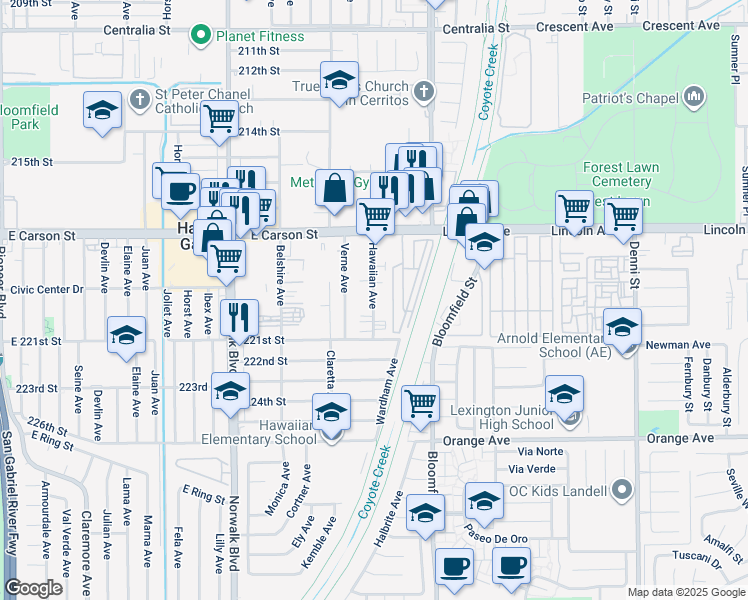 map of restaurants, bars, coffee shops, grocery stores, and more near 21902 Verne Avenue in Hawaiian Gardens