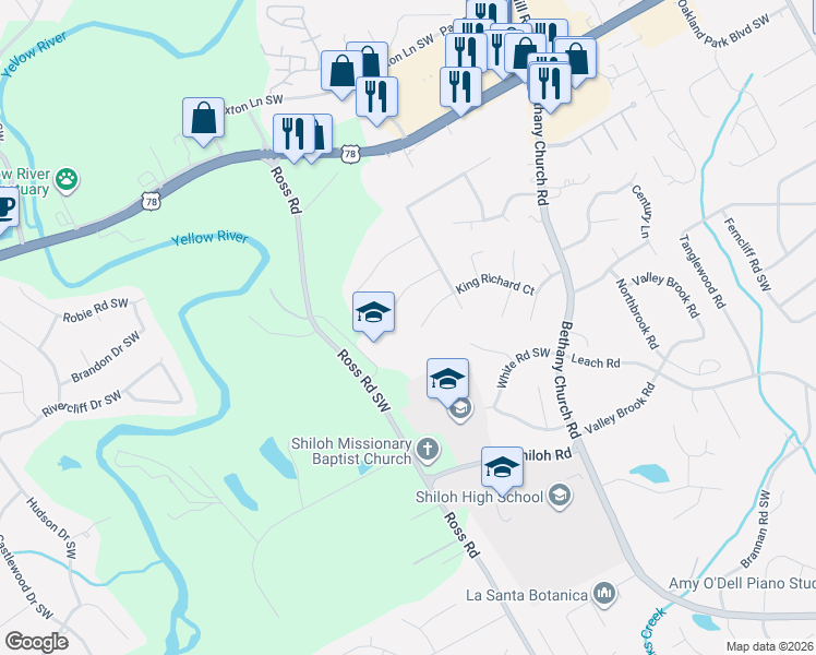 map of restaurants, bars, coffee shops, grocery stores, and more near 4282 King James Court in Snellville