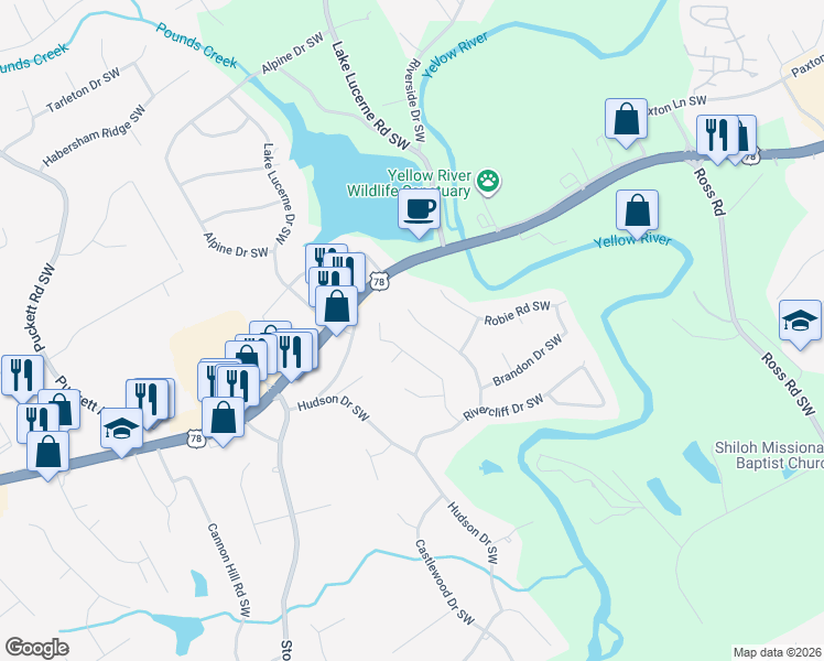 map of restaurants, bars, coffee shops, grocery stores, and more near 2127 Lunceford Lane Southwest in Lilburn
