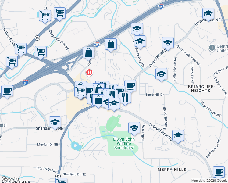 map of restaurants, bars, coffee shops, grocery stores, and more near 1601 Executive Park Lane Northeast in Atlanta