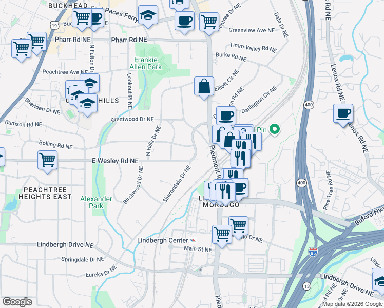map of restaurants, bars, coffee shops, grocery stores, and more near 553 East Wesley Road Northeast in Atlanta