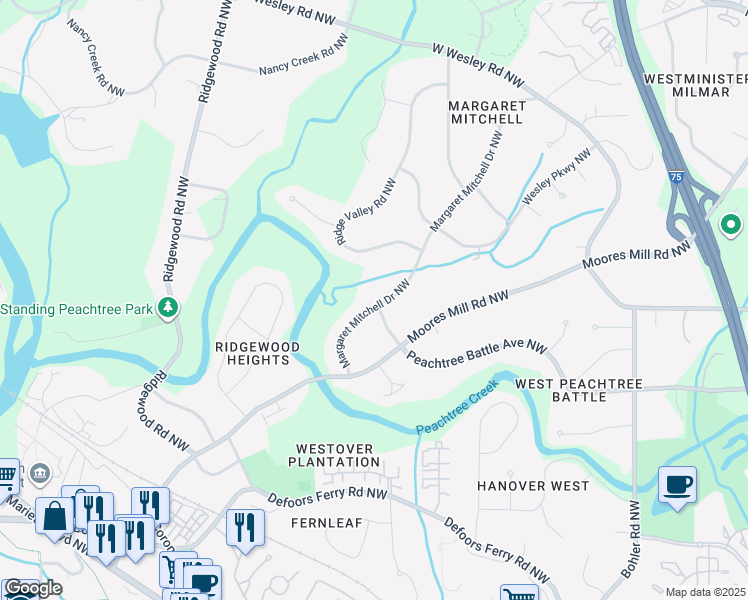 map of restaurants, bars, coffee shops, grocery stores, and more near 2700 Margaret Mitchell Drive Northwest in Atlanta