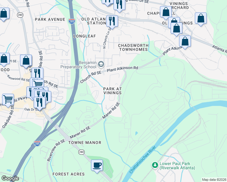 map of restaurants, bars, coffee shops, grocery stores, and more near in Atlanta