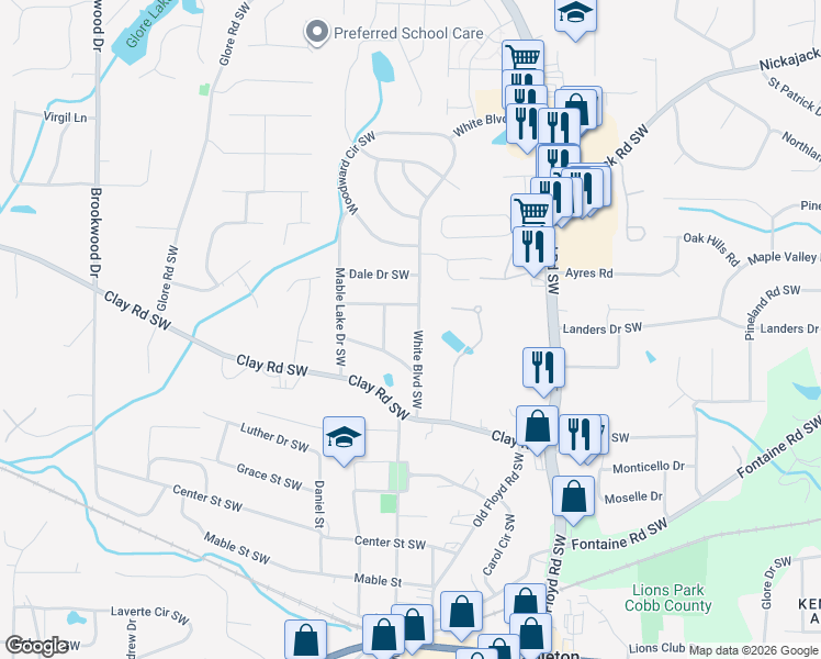 map of restaurants, bars, coffee shops, grocery stores, and more near 5105 Poplar Place in Mableton