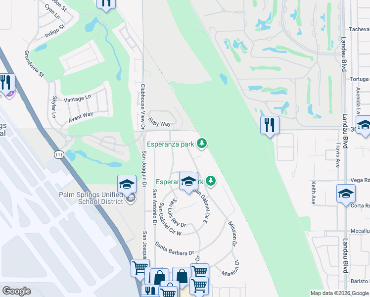 map of restaurants, bars, coffee shops, grocery stores, and more near 67185 San Mateo Drive in Cathedral City