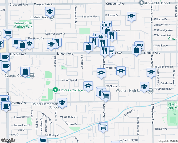 map of restaurants, bars, coffee shops, grocery stores, and more near 6825 Via Media Circle in Buena Park