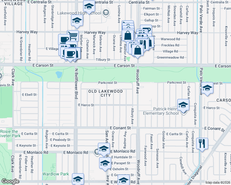 map of restaurants, bars, coffee shops, grocery stores, and more near 3848 Ocana Avenue in Long Beach