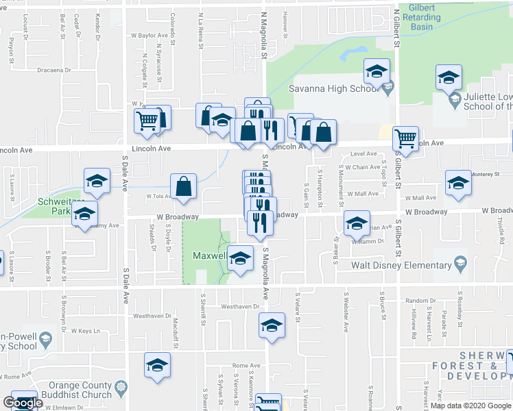 map of restaurants, bars, coffee shops, grocery stores, and more near 221 South Magnolia Avenue in Anaheim