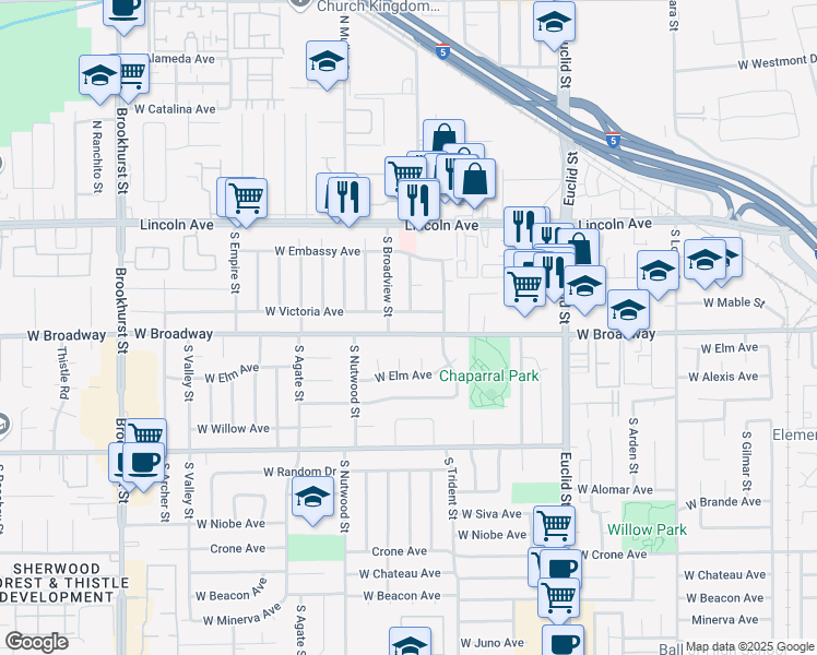 map of restaurants, bars, coffee shops, grocery stores, and more near 1829 West Broadway in Anaheim
