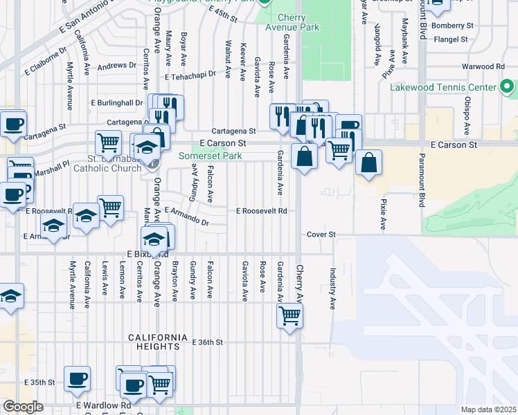 map of restaurants, bars, coffee shops, grocery stores, and more near 3901 Rose Avenue in Long Beach