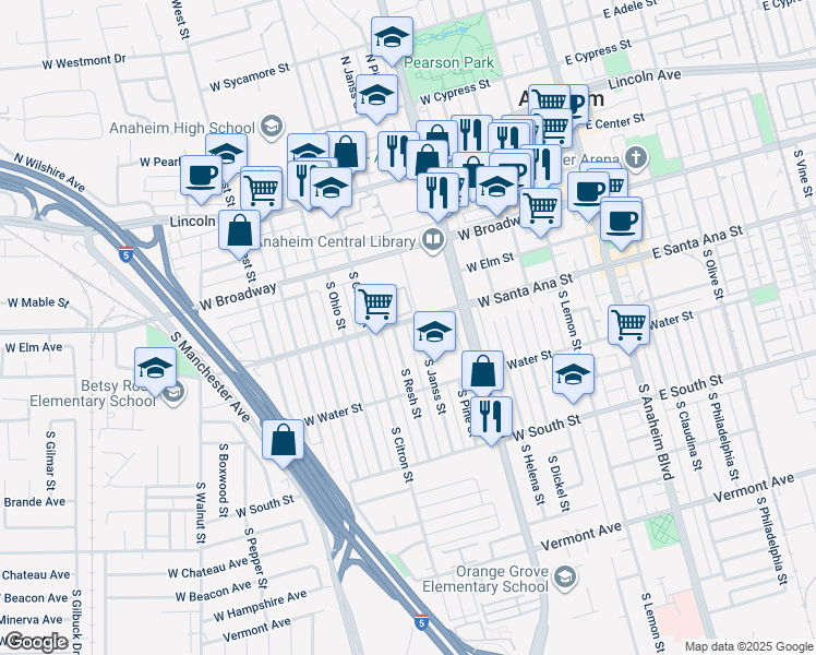 map of restaurants, bars, coffee shops, grocery stores, and more near 612 West Santa Ana Street in Anaheim