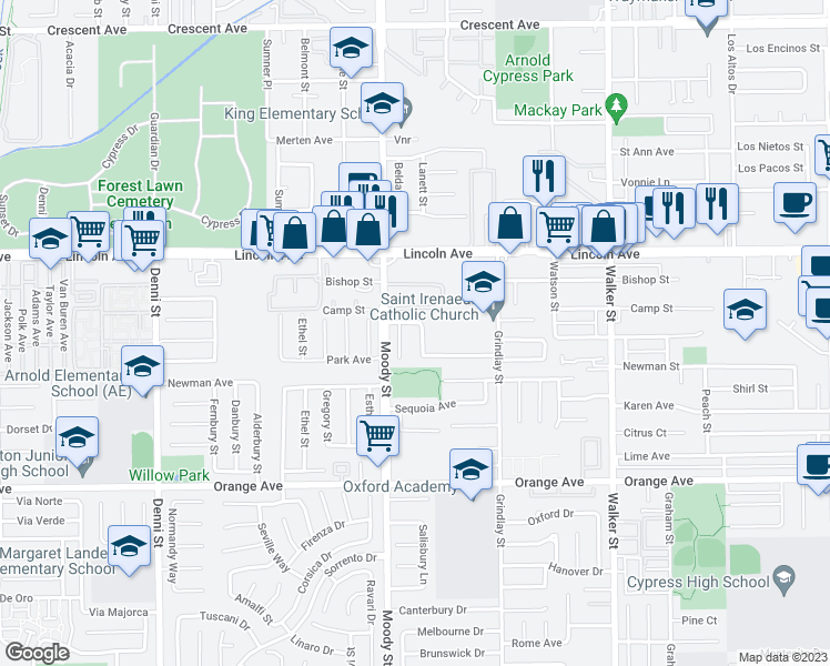 map of restaurants, bars, coffee shops, grocery stores, and more near 9133 Evergreen Avenue in Cypress