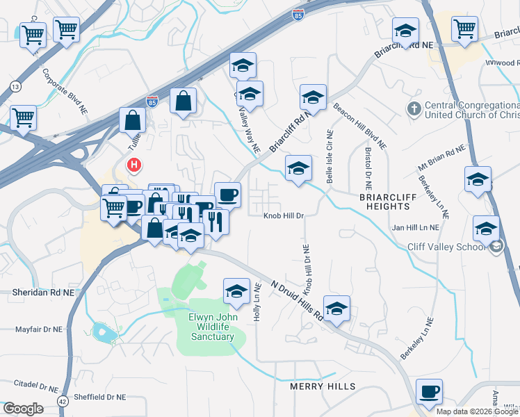 map of restaurants, bars, coffee shops, grocery stores, and more near 2629 Portbury Place Northeast in Atlanta
