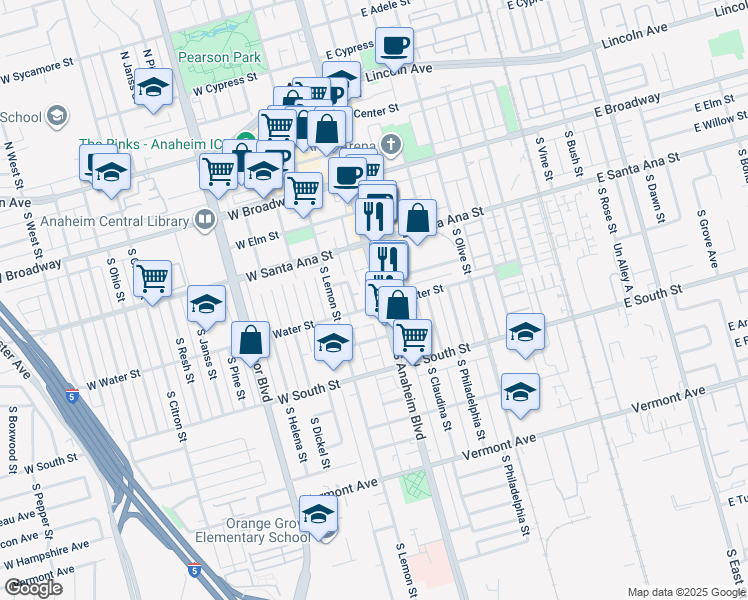 map of restaurants, bars, coffee shops, grocery stores, and more near 548 South Anaheim Boulevard in Anaheim