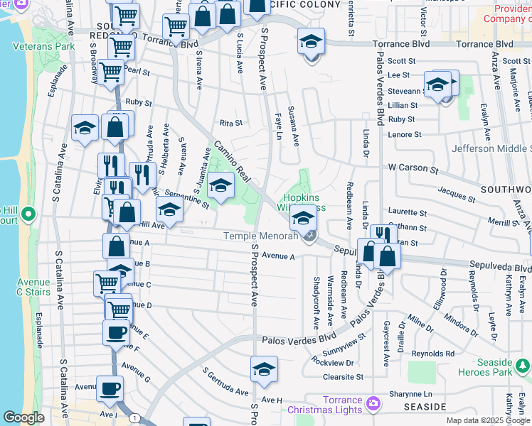 map of restaurants, bars, coffee shops, grocery stores, and more near 708 South Prospect Avenue in Redondo Beach