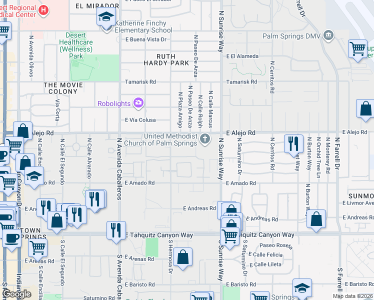 map of restaurants, bars, coffee shops, grocery stores, and more near 451 North Calle Rolph in Palm Springs