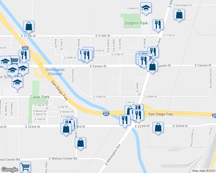 map of restaurants, bars, coffee shops, grocery stores, and more near 1511 East Abila Street in Carson