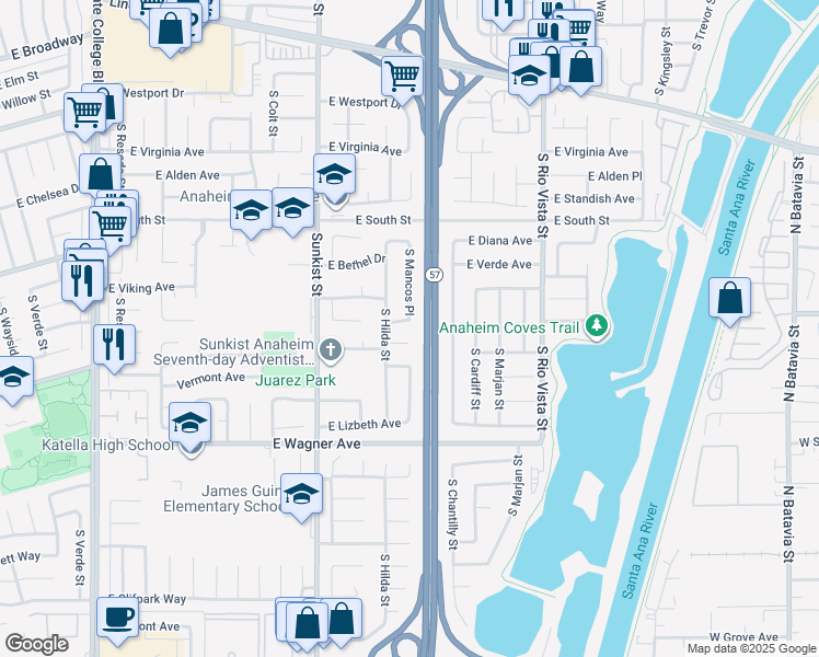 map of restaurants, bars, coffee shops, grocery stores, and more near 2634 East Hilda Place in Anaheim