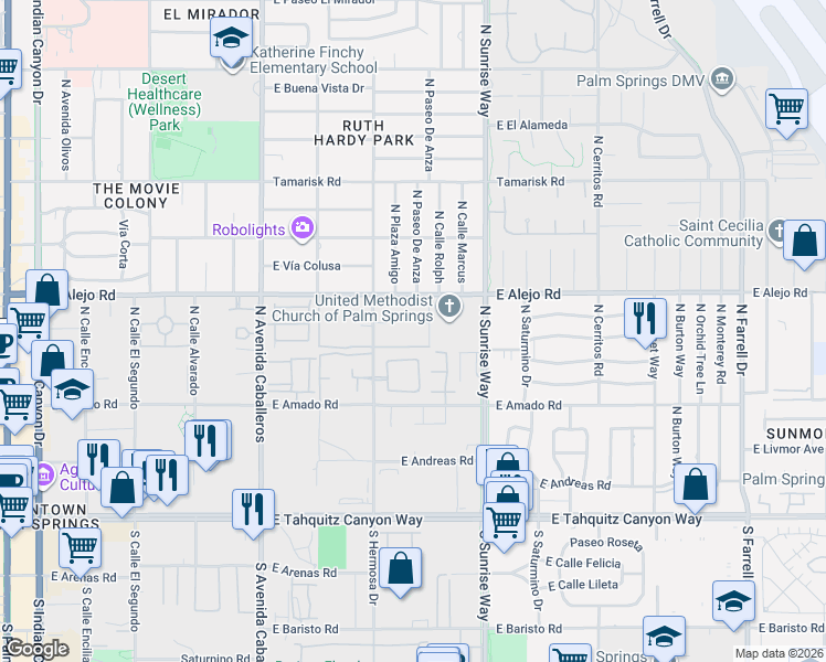 map of restaurants, bars, coffee shops, grocery stores, and more near 451 North Calle Rolph in Palm Springs