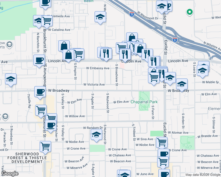 map of restaurants, bars, coffee shops, grocery stores, and more near 1900 West Victoria Avenue in Anaheim